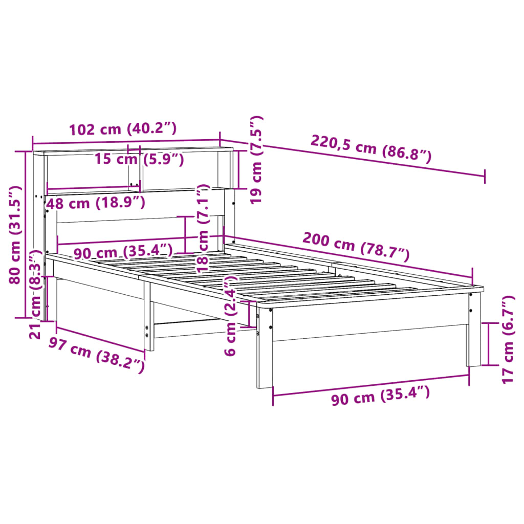 seng med reol uden madras 90x200 cm massivt fyrretræ hvid