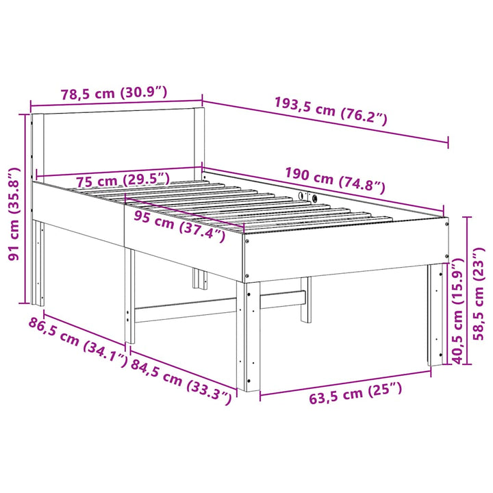 sengeramme uden madras 75x190 cm massivt fyrretræ