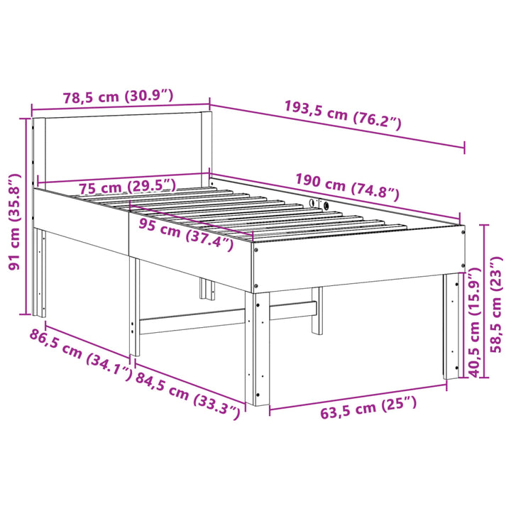 sengeramme uden madras 75x190 cm massivt fyrretræ hvid