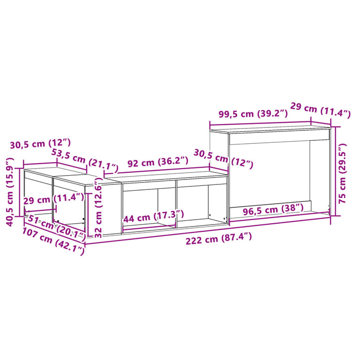 sengebord med skrivebord 222x107x75 cm massivt fyrretræ