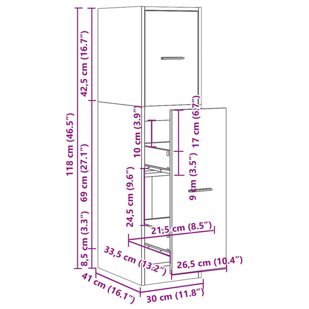 apotekerskab 30x41x118 cm konstrueret træ betongrå
