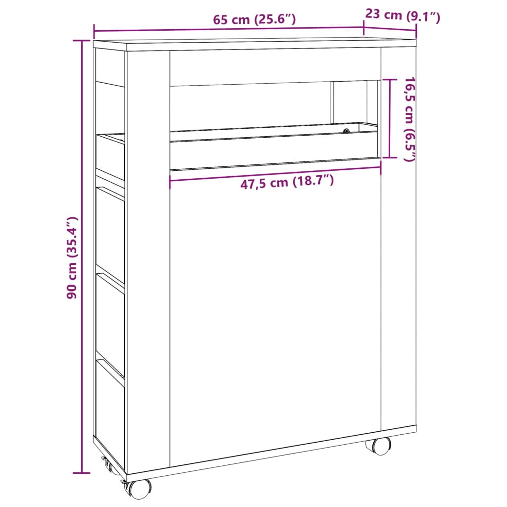 smalt badeværelsesskab med hjul konstrueret træ grå sonoma-eg
