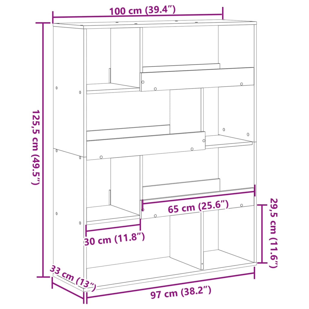 bogreol 100x33x125,5 cm konstrueret træ grå sonoma-eg