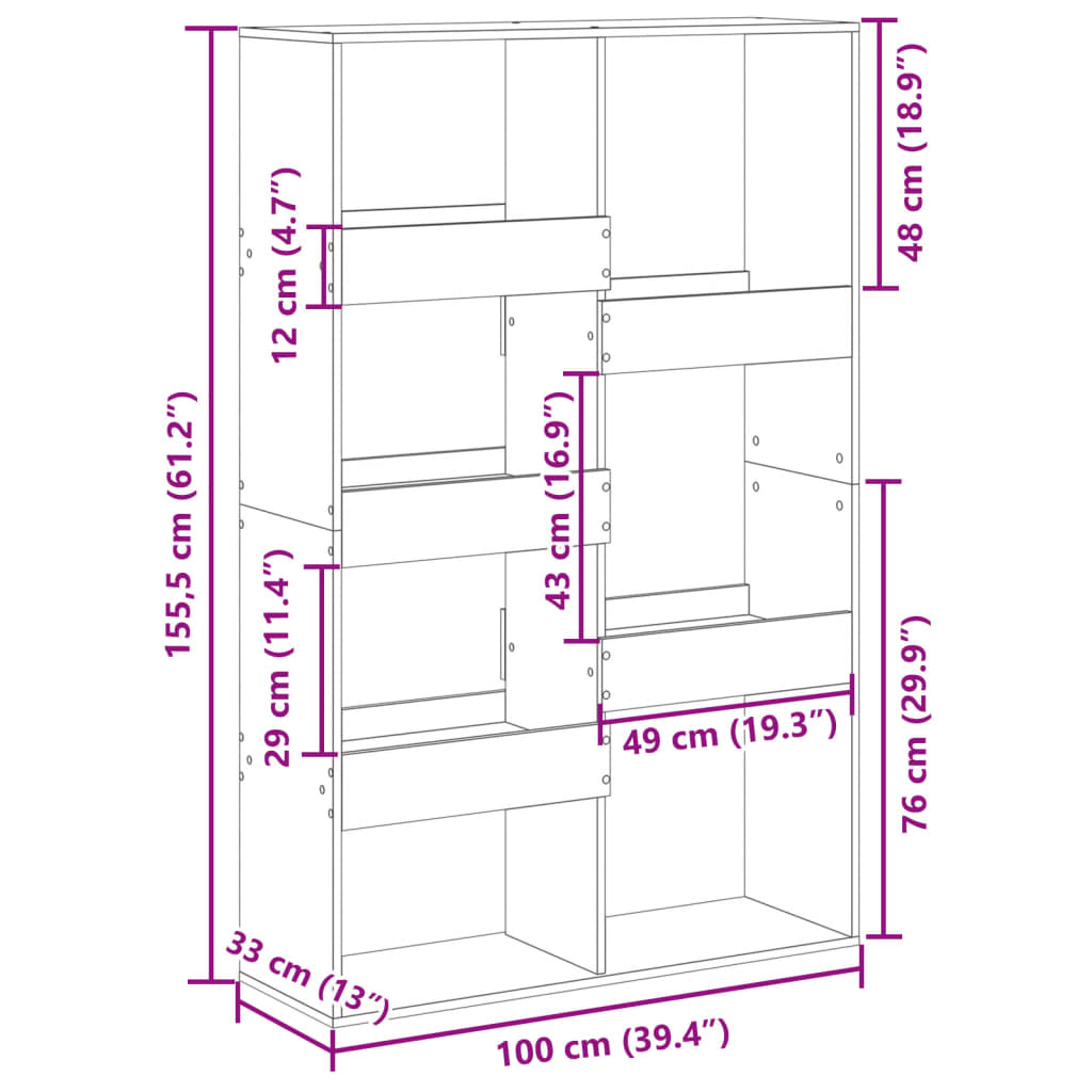 bogreol 100x33x155,5 cm konstrueret træ antikt træ