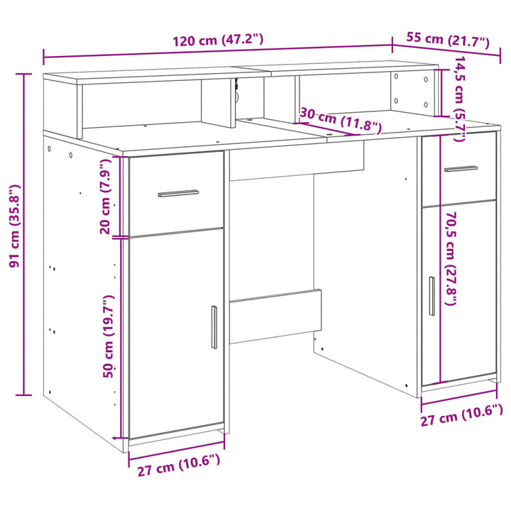 skrivebord m. LED-lys 120x55x91 cm konstrueret træ grå sonoma