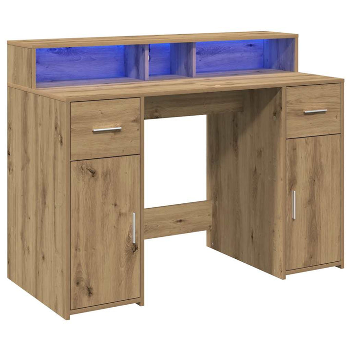 skrivebord med LED-lys 120x55x91 cm konstrueret træ gammelt eg