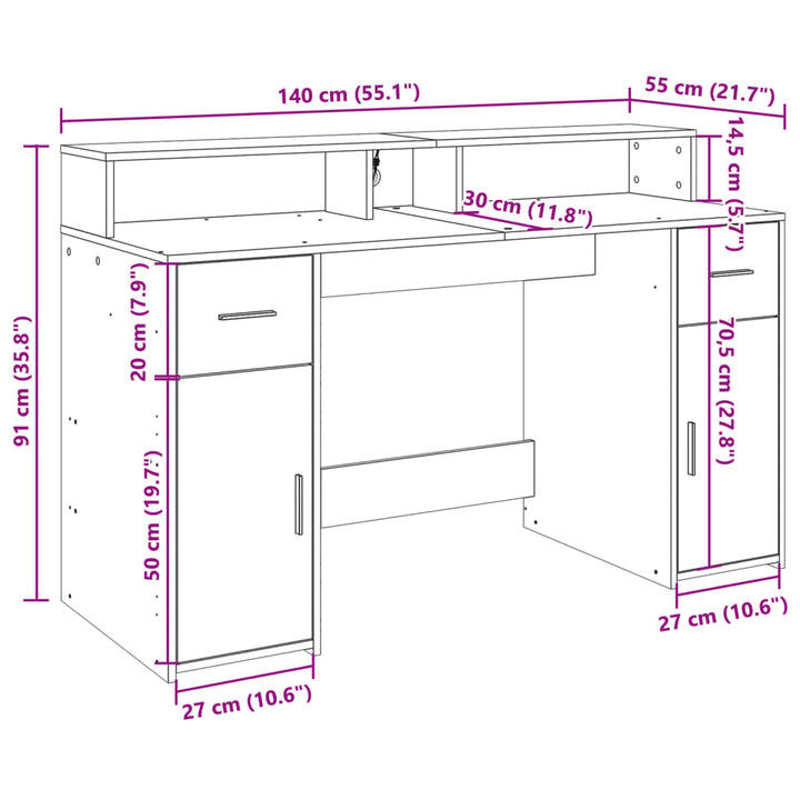 skrivebord med LED-lys 140x55x91 cm konstrueret træ sonoma-eg