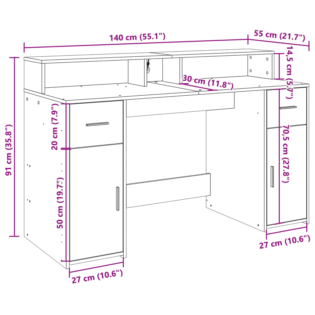 skrivebord med LED-lys 140x55x91 cm konstrueret træ betongrå