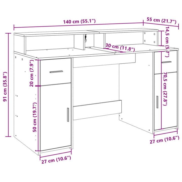 skrivebord m. LED-lys 140x55x91 cm konstrueret træ gammelt træ