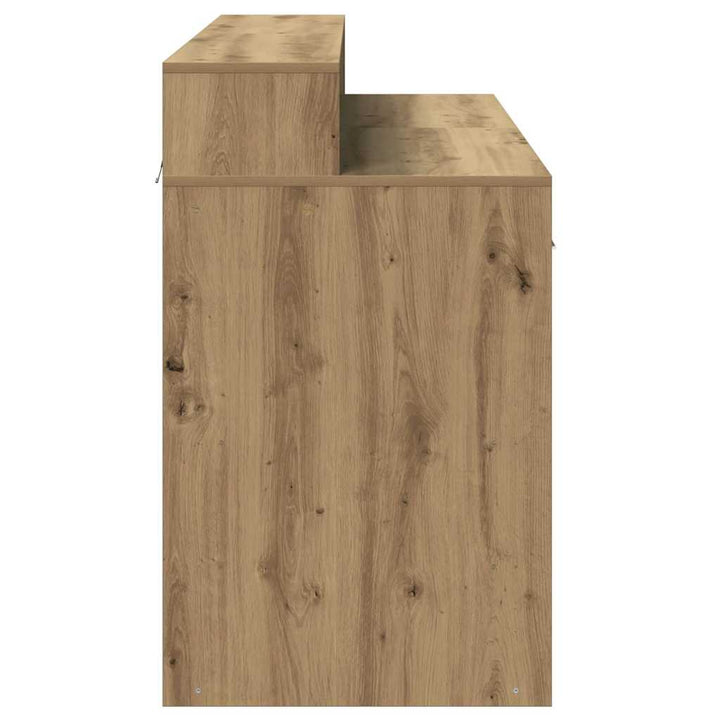skrivebord med LED-lys 140x155x91 cm konstrueret træ gammelt eg