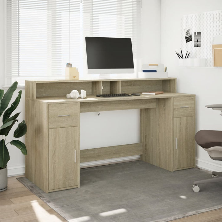 skrivebord med LED-lys 160x55x91 cm konstrueret træ sonoma-eg