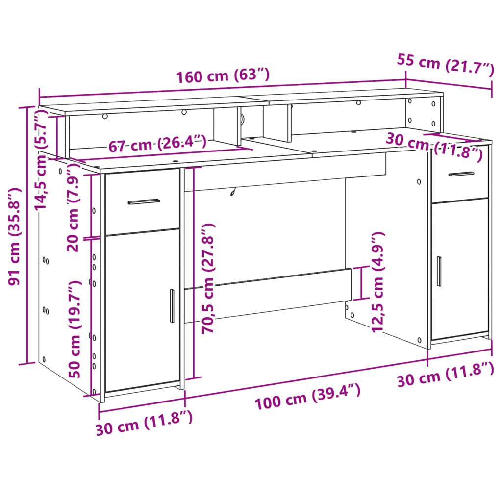 skrivebord m. LED-lys 160x55x91 cm konstrueret træ grå sonoma