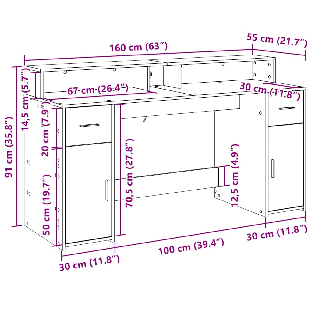 skrivebord med LED-lys 160x155x91 cm konstrueret træ gammelt eg