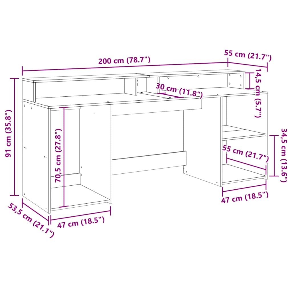 skrivebord med LED-lys 200x155x91 cm konstrueret træ hvid
