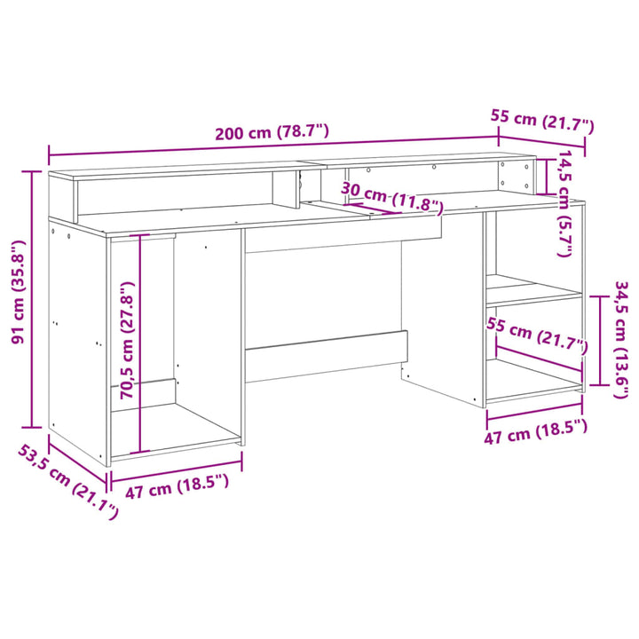 skrivebord med LED-lys 200x55x91 cm konstrueret træ sonoma-eg