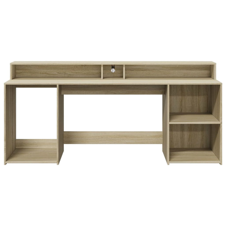 skrivebord med LED-lys 200x55x91 cm konstrueret træ sonoma-eg