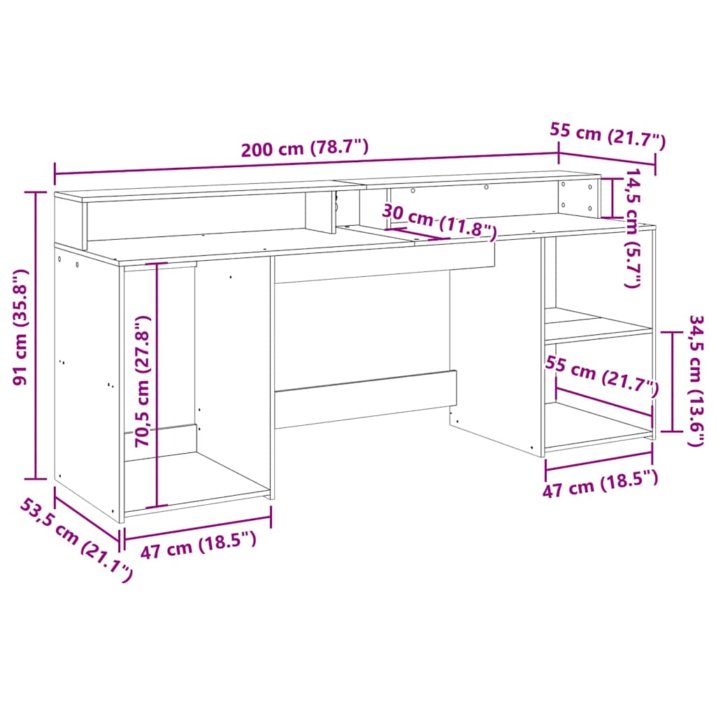 skrivebord med LED-lys 200x55x91 cm konstrueret træ betongrå