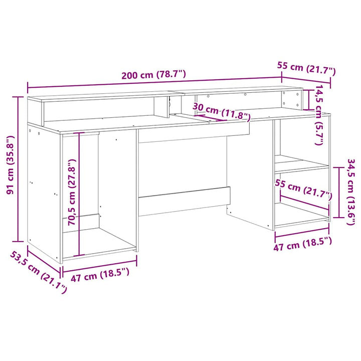 skrivebord med LED-lys 200x55x91 cm konstrueret træ betongrå
