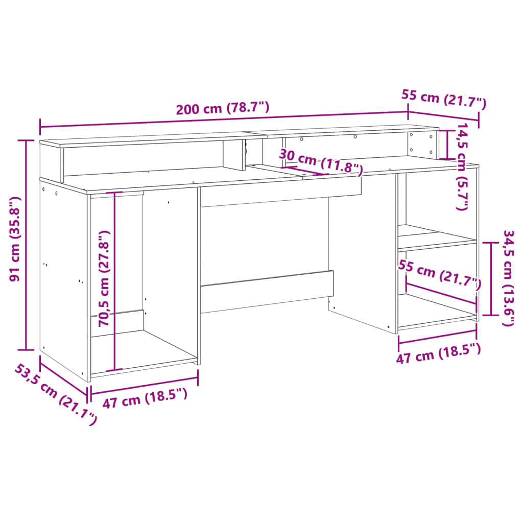 skrivebord med LED-lys 200x55x91 cm konstrueret træ brunt eg