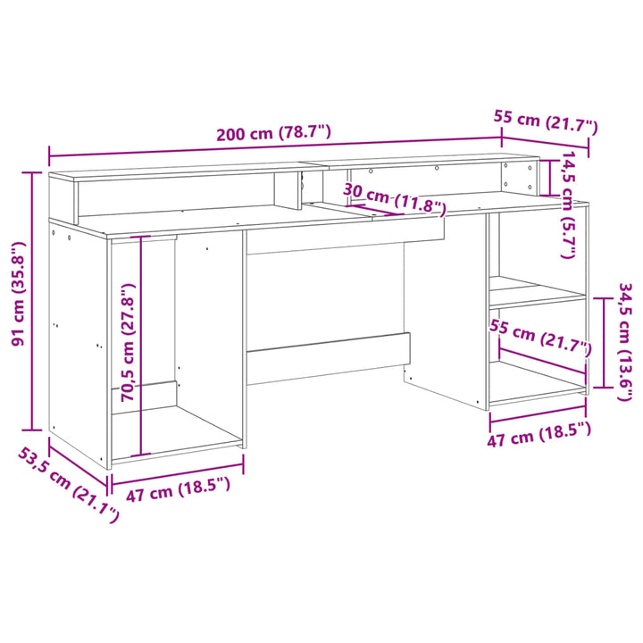 skrivebord med LED-lys 200x55x91 cm konstrueret træ brunt eg