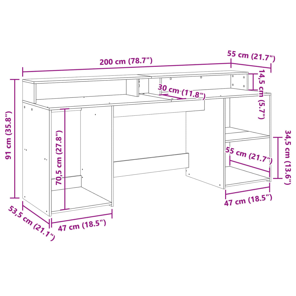 skrivebord m. LED-lys 200x55x91 cm konstrueret træ gammelt træ