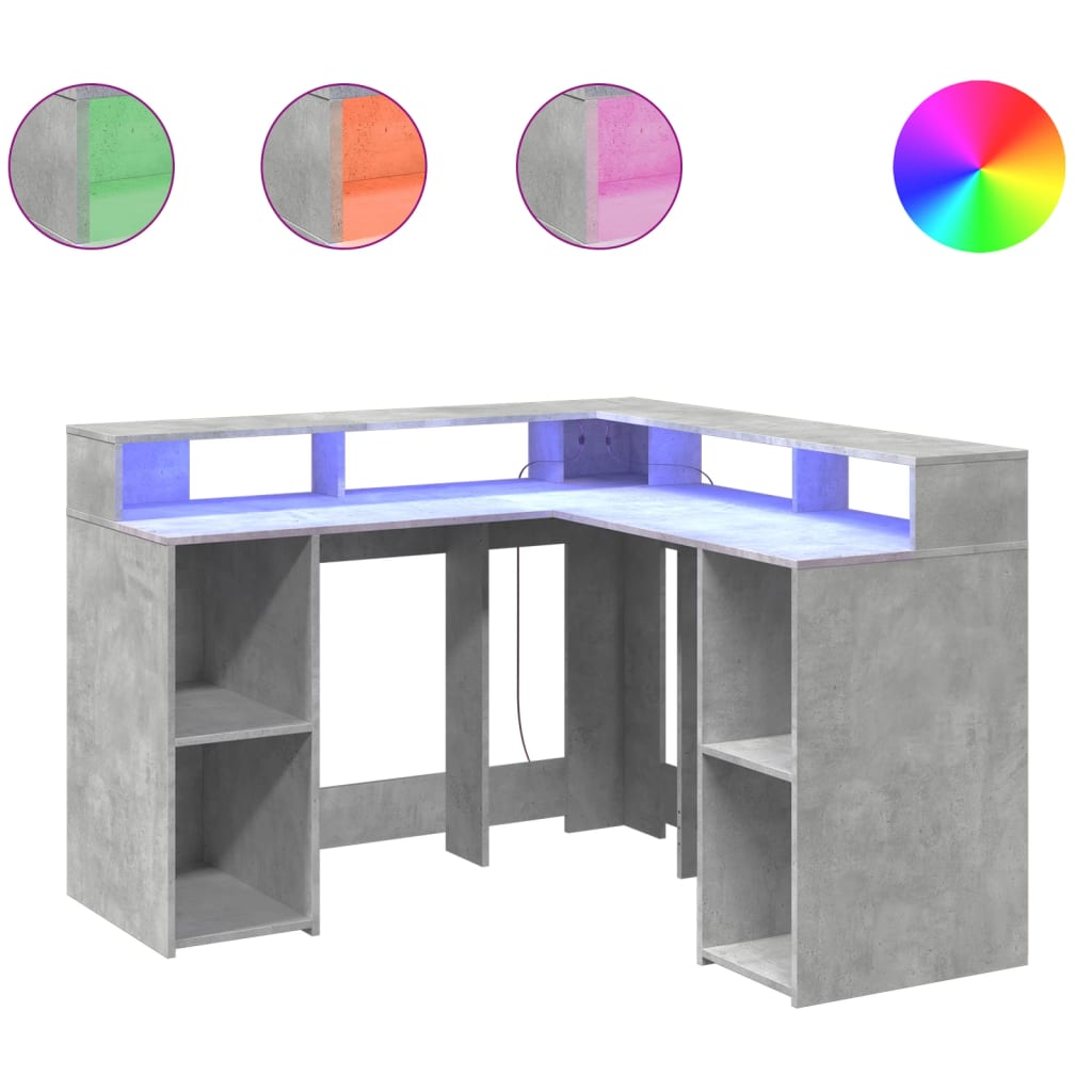 skrivebord med LED-lys 130x130x91 cm konstrueret træ betongrå