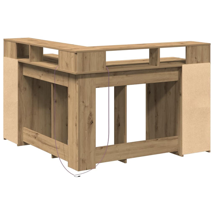 skrivebord med LED-lys 130x130x91 cm konstrueret træ gammelt eg