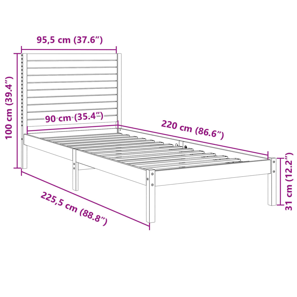 ekstra lang sengeramme uden madras 90x220 cm massivt træ
