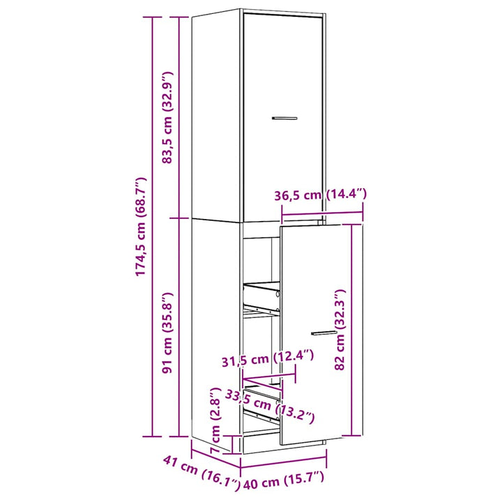 apotekerskab 40x41x174,5 cm konstrueret træ egetræsfarve