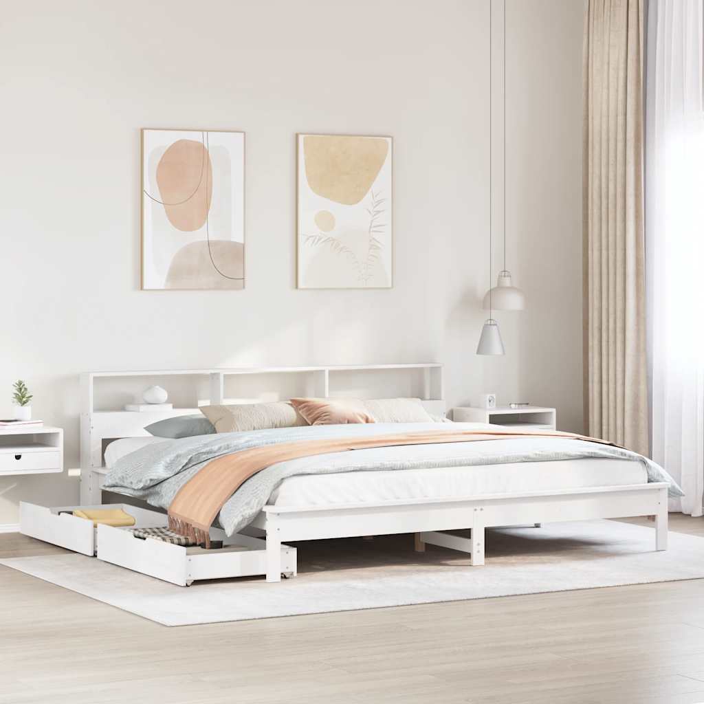 seng med reol uden madras 200x200 cm massivt fyrretræ hvid