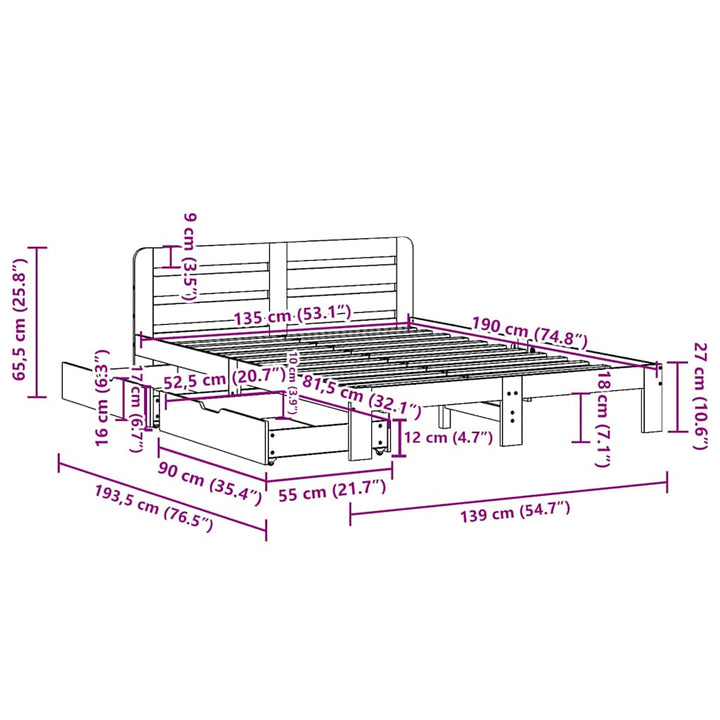 sengeramme uden madras 135x190 cm massivt fyrretræ hvid