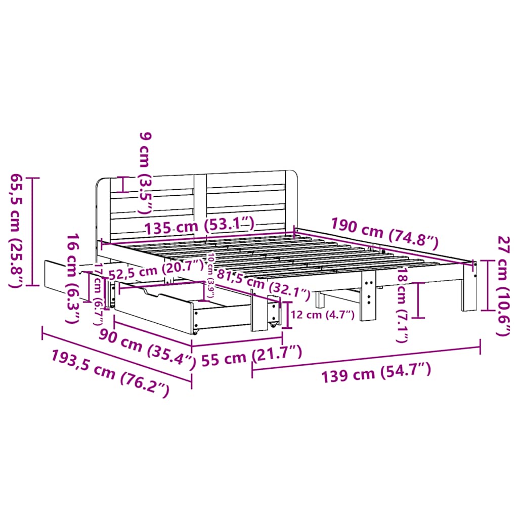 sengeramme uden madras 135x190 cm massivt fyrretræ brun