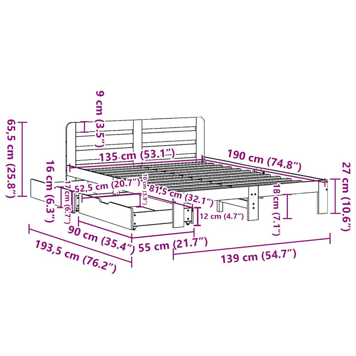 sengeramme uden madras 135x190 cm massivt fyrretræ brun