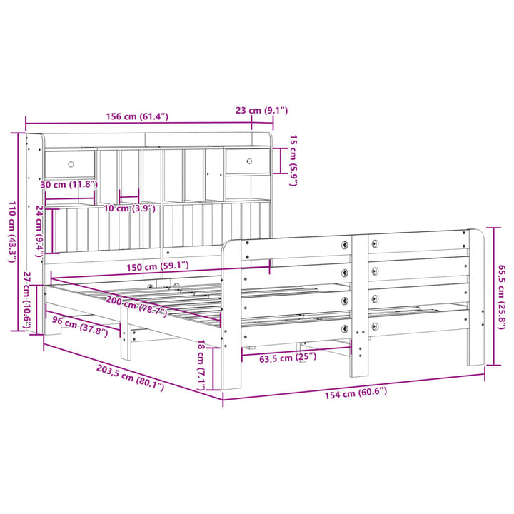seng med reol uden madras 150x200 cm massivt fyrretræ hvid