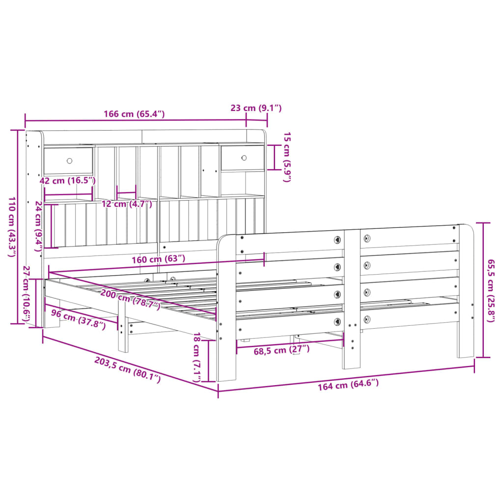 seng med reol uden madras 160x200 cm massivt fyrretræ hvid