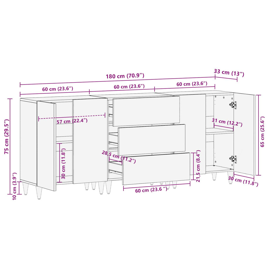 Opbevaringsskabe 3 stk. 180 x 33 x 75 cm Massivt mangotræ