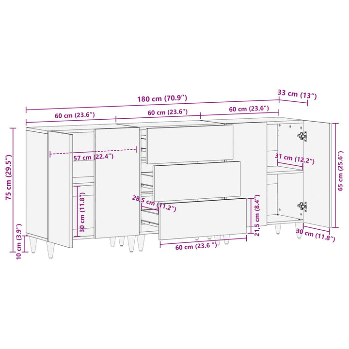 Opbevaringsskabe 3 stk. 180 x 33 x 75 cm Massivt mangotræ