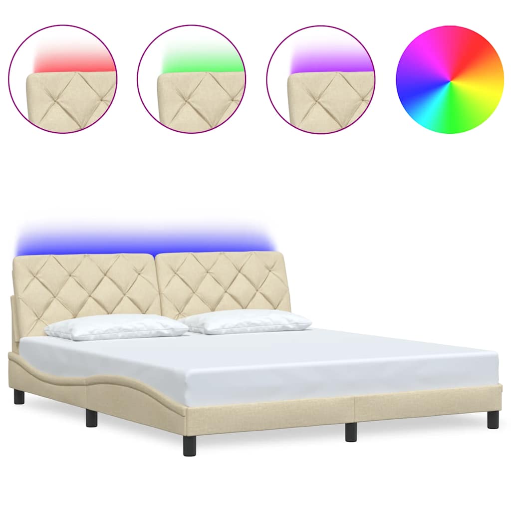 sengeramme med LED uden madras 180x200 cm stof cremefarvet
