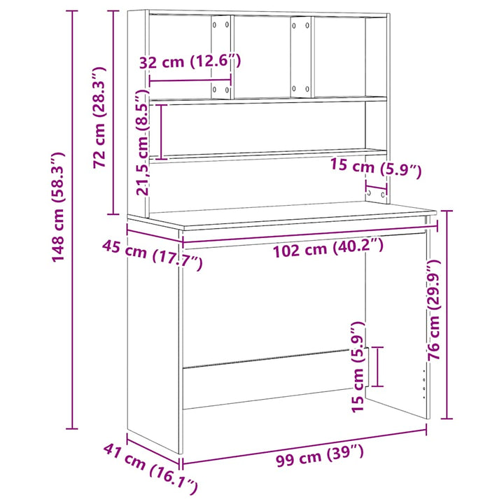 skrivebord m. hylder 102x45x148 cm konstrueret træ kunsteg