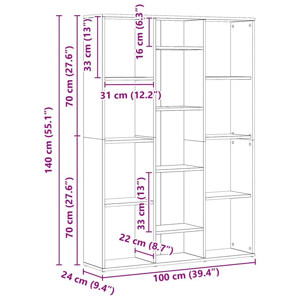 rumdeler/bogreol 100x24x140 cm konstrueret træ artisan eg