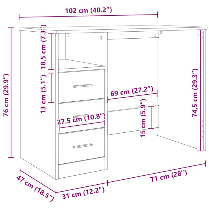 skrivebord 102x50x76 cm konstrueret træ antikt trælook