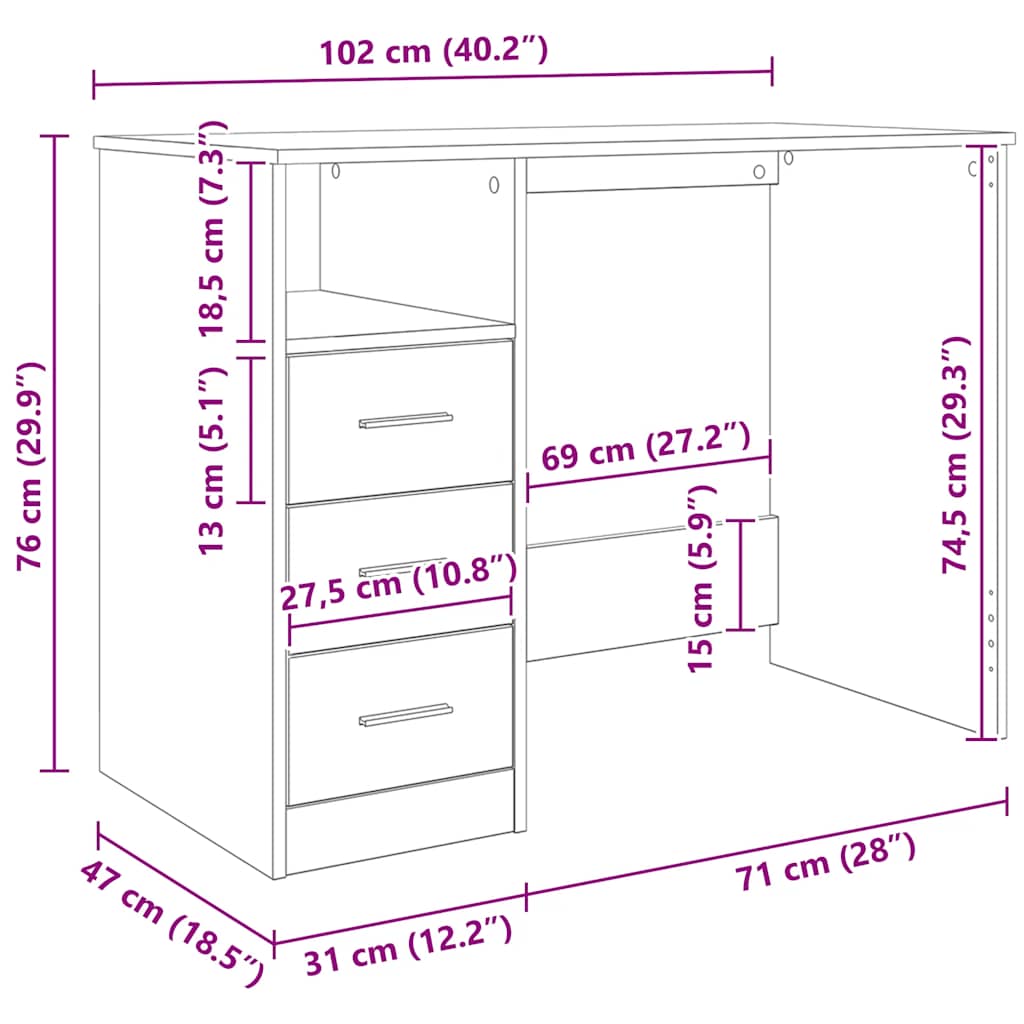 skrivebord 102x50x76 cm konstrueret træ kunsteg