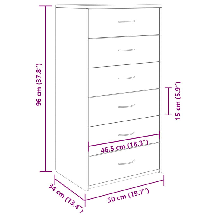 kommode med 6 skuffer 50x34x96 cm konstrueret træ gammelt træ