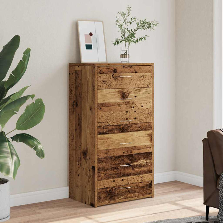 kommode med 6 skuffer 50x34x96 cm konstrueret træ gammelt træ