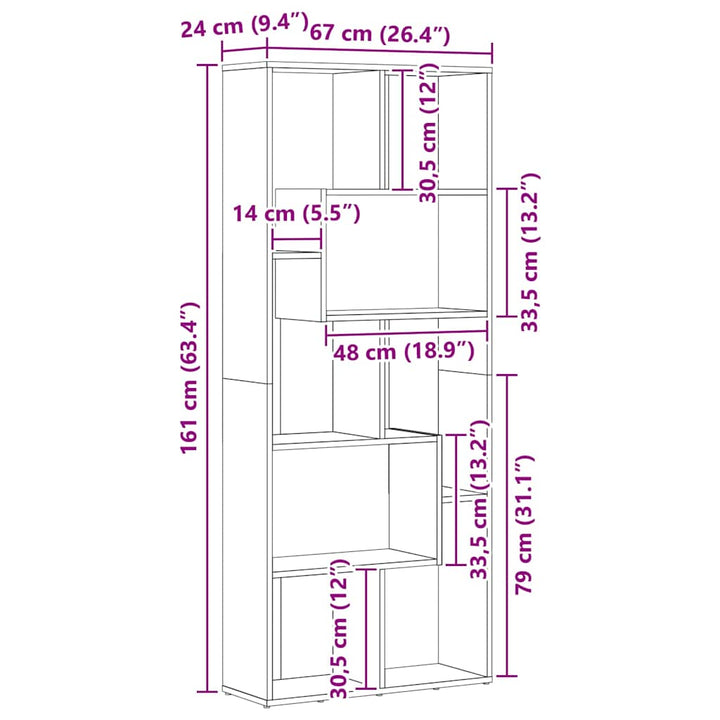 bogreol håndlavet eg 67x24x161 cm konstrueret træ
