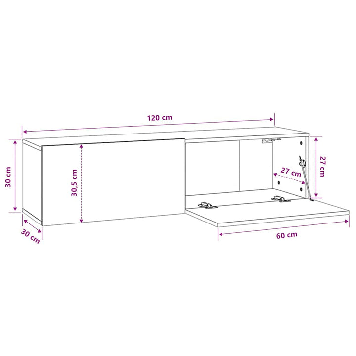 væghængt tv-bord 120x30x30 cm konstrueret træ gammelt træ-look