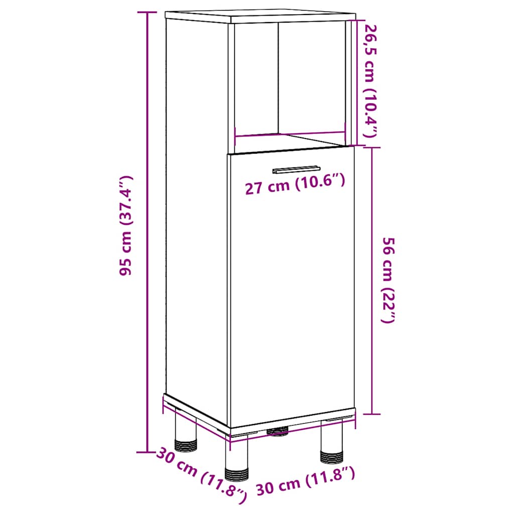 badeværelsesskab 30x30x95 cm konstrueret træ antikt træ