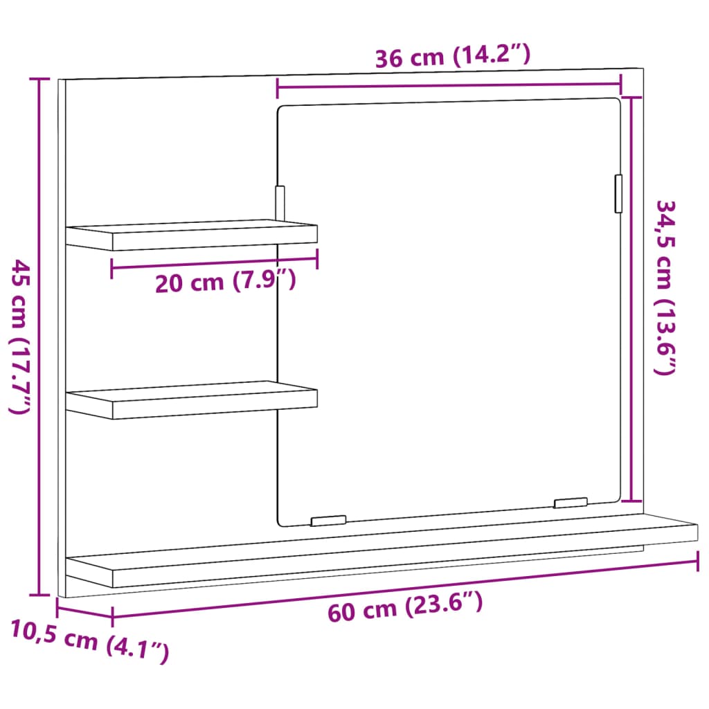 badeværelsesskab med spejl 60x10,5x45 cm antikt træ
