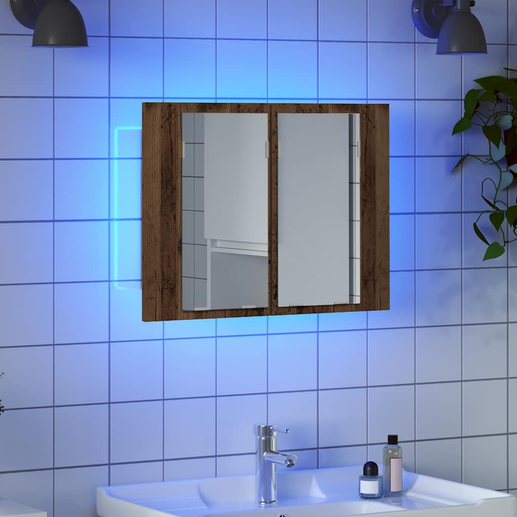 spejlskab m. LED-lys 60x12x45 cm konstrueret træ antikt træ