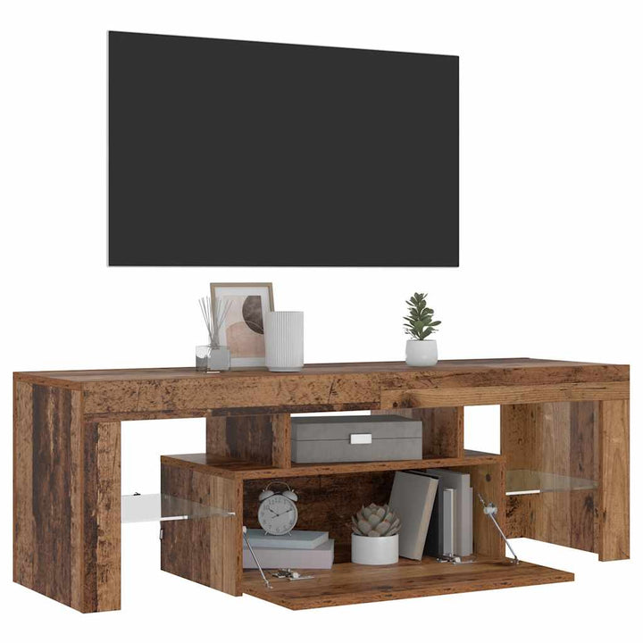 tv-bord m. LED-lys 120x36,5x40 cm konstrueret træ antikt træ